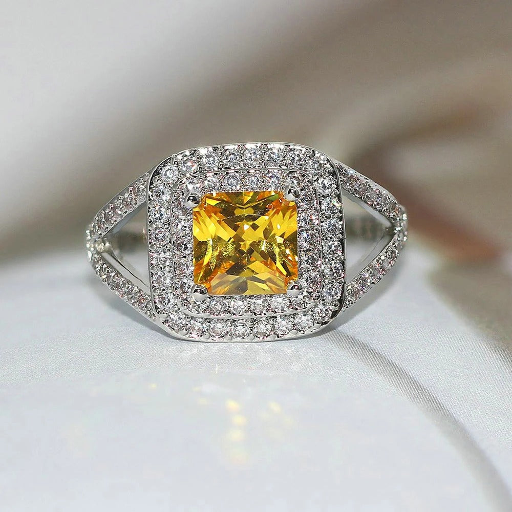 Classic Yellow Gem & Silver Vintage Halo Ring-Ariette Jewelry