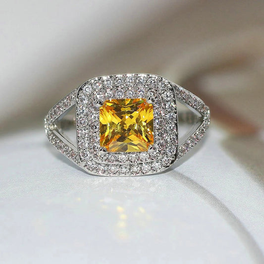 Classic Yellow Gem & Silver Vintage Halo Ring-Ariette Jewelry
