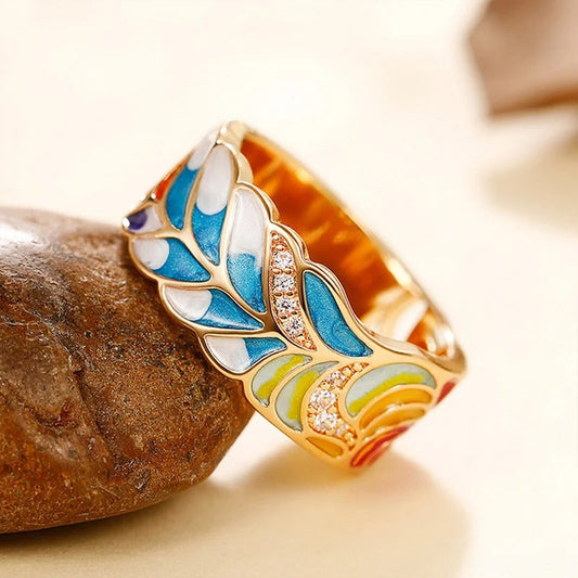 Vintage Gold Colorful Enamel Leaf Ring-Ariette Jewelry