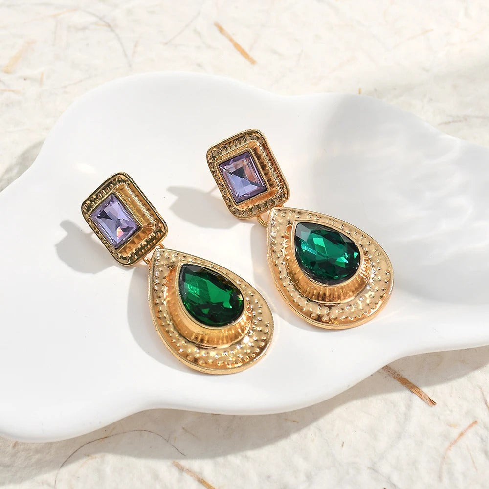 Vintage Gold Green Teardrop Stone Earrings-Ariette Jewelry