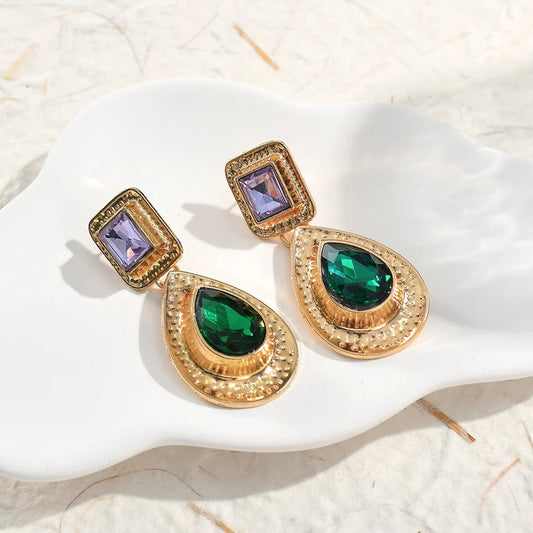 Vintage Gold Green Teardrop Stone Earrings-Ariette Jewelry