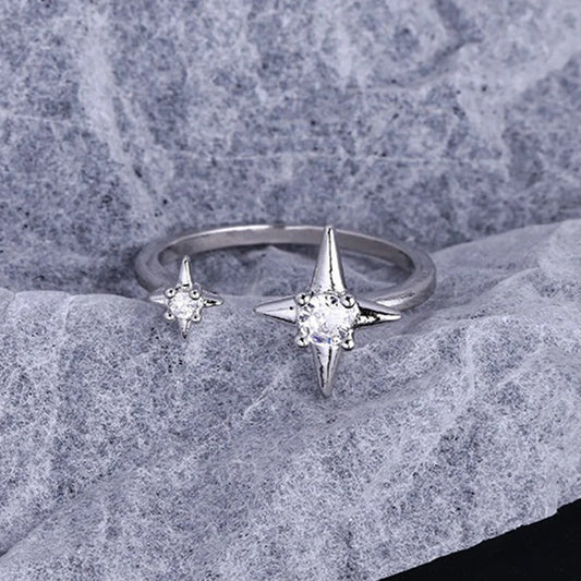 Classic Silver Dual Star & Clear Stone Adjustable Ring-Ariette Jewelry