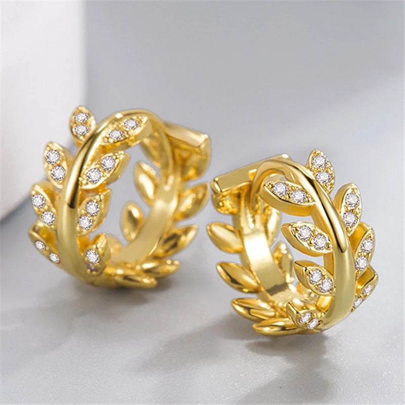 Gold Floral Leaf Design Crystal Hoop Earrings-Ariette Jewelry