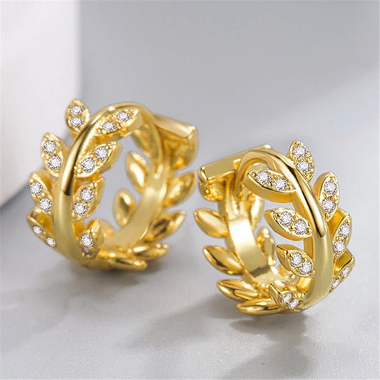 Gold Floral Leaf Design Crystal Hoop Earrings-Ariette Jewelry