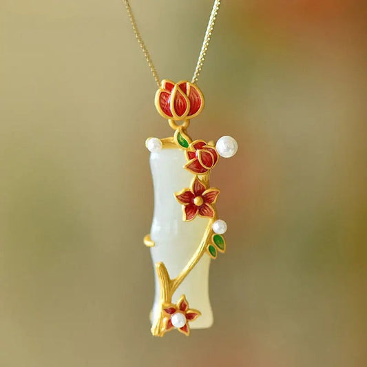 Classic Gold Red Blossom & Pearl Floral Pendant Necklace-Ariette Jewelry