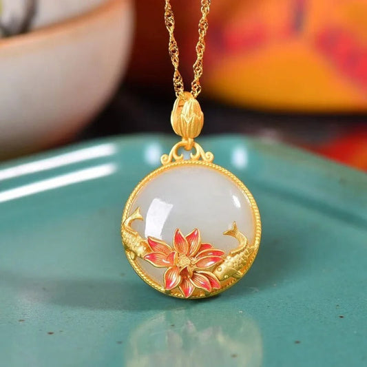 Vintage Gold Lotus & Fish White Gem Pendant Necklace-Ariette Jewelry