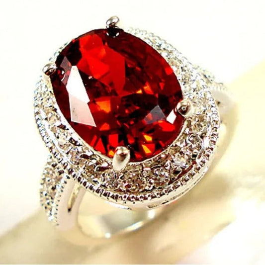 Silver Red Oval Gemstone Halo Ring-Ariette Jewelry