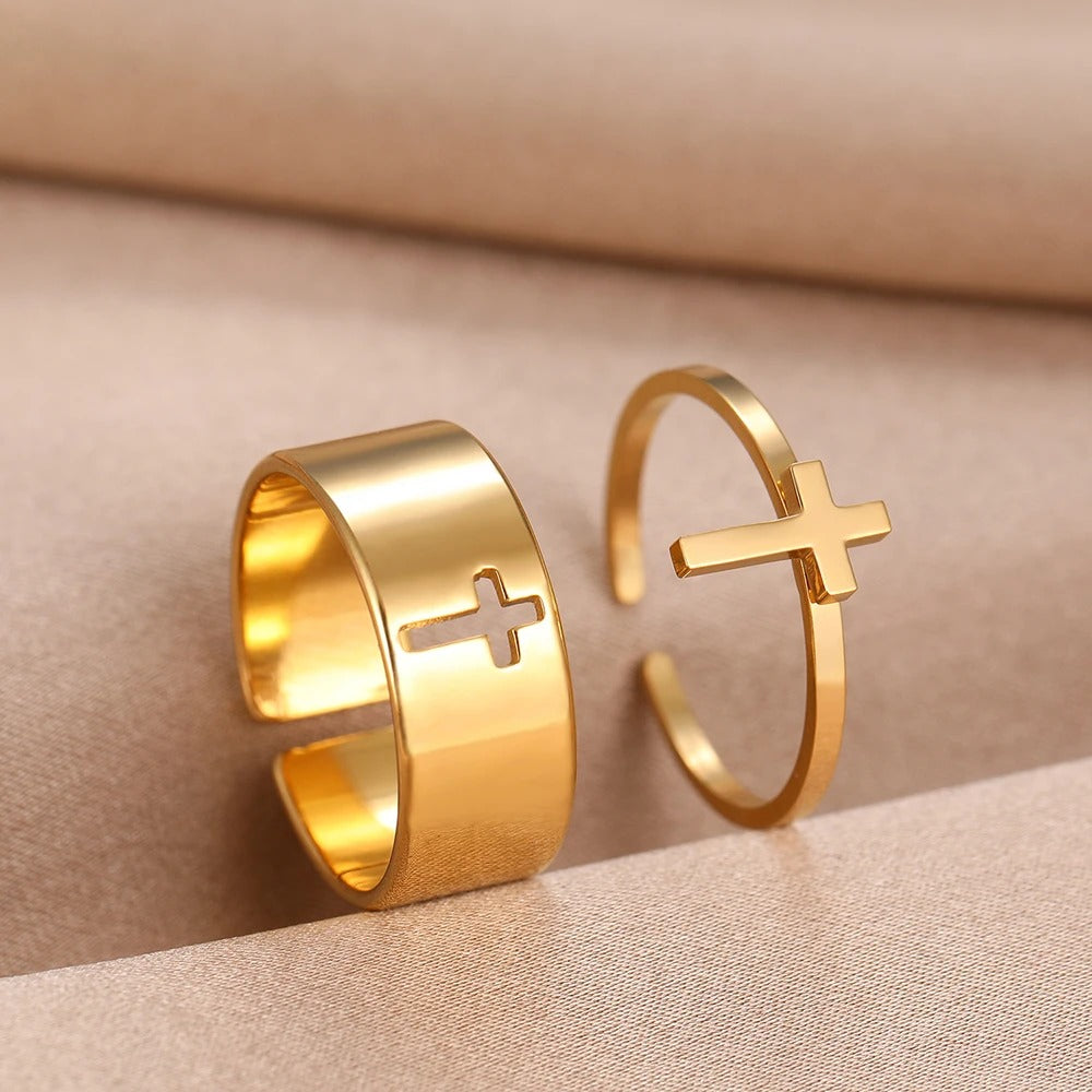 Matching Cross Gold Adjustable Ring Set-Ariette Jewelry