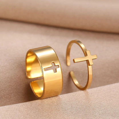 Matching Cross Gold Adjustable Ring Set-Ariette Jewelry