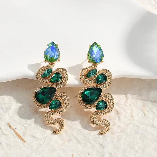 Gold Vintage Serpent Green Crystal Earrings-Ariette Jewelry
