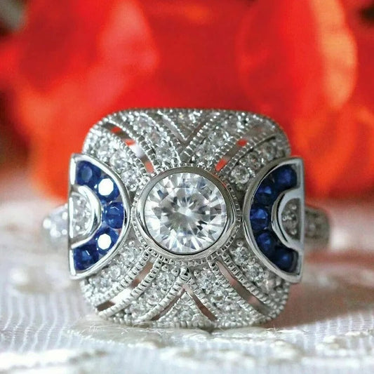 Vintage Blue & Crystal Silver Ring-Ariette Jewelry