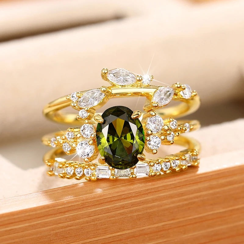 Gold Three-Band Green Stone Ring-Ariette Jewelry