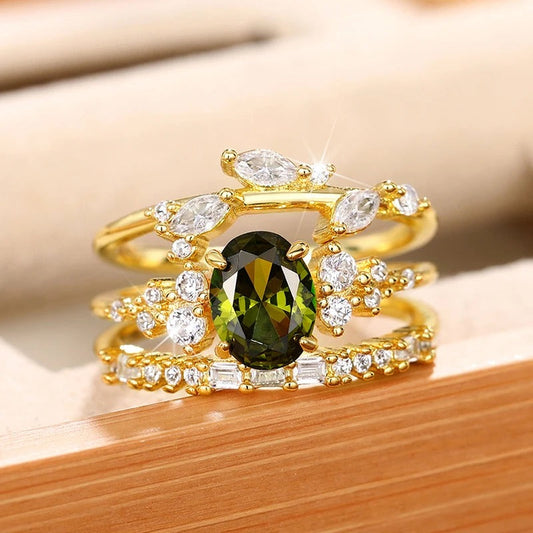 Gold Three-Band Green Stone Ring-Ariette Jewelry