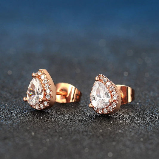 Rose Gold Pear-Cut Crystal & Sparkling Border Drop Earrings-Ariette Jewelry