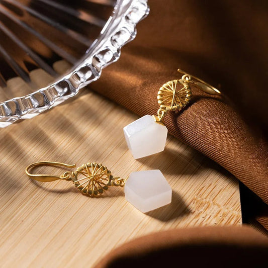 Vintage Gold Geometric White Bead & Sunburst Design Earrings-Ariette Jewelry