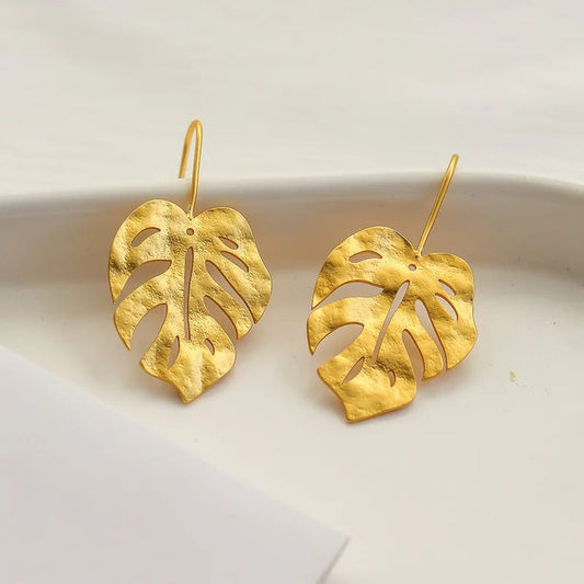 Vintage Gold Monstera Leaf Earrings-Ariette Jewelry
