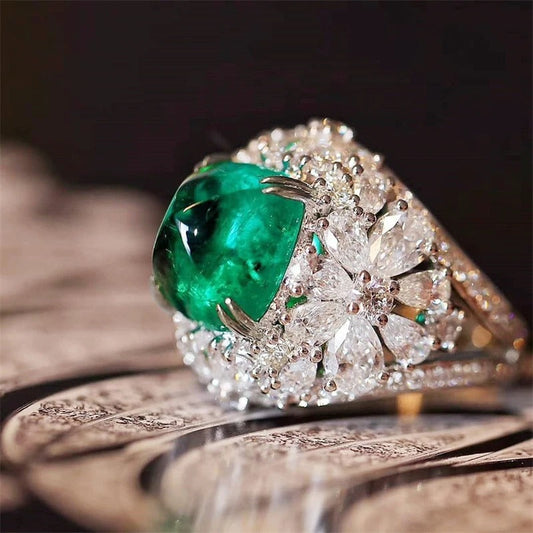 Vintage Green Stone & Diamond Floral Ring-Ariette Jewelry