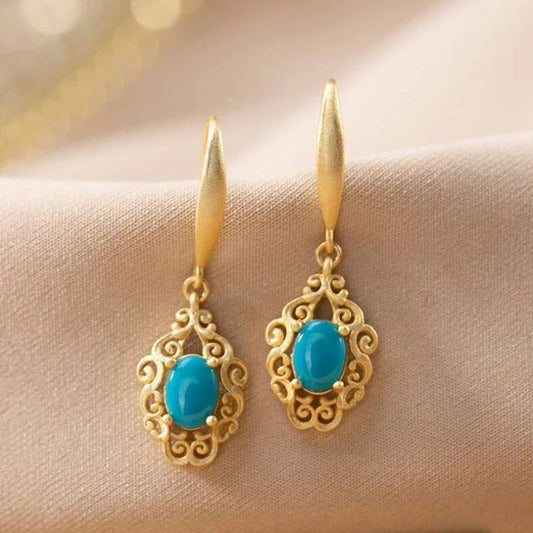 Classic Cut-Out Pattern Exquisite Oval Turquoise Earrings-Ariette Jewelry