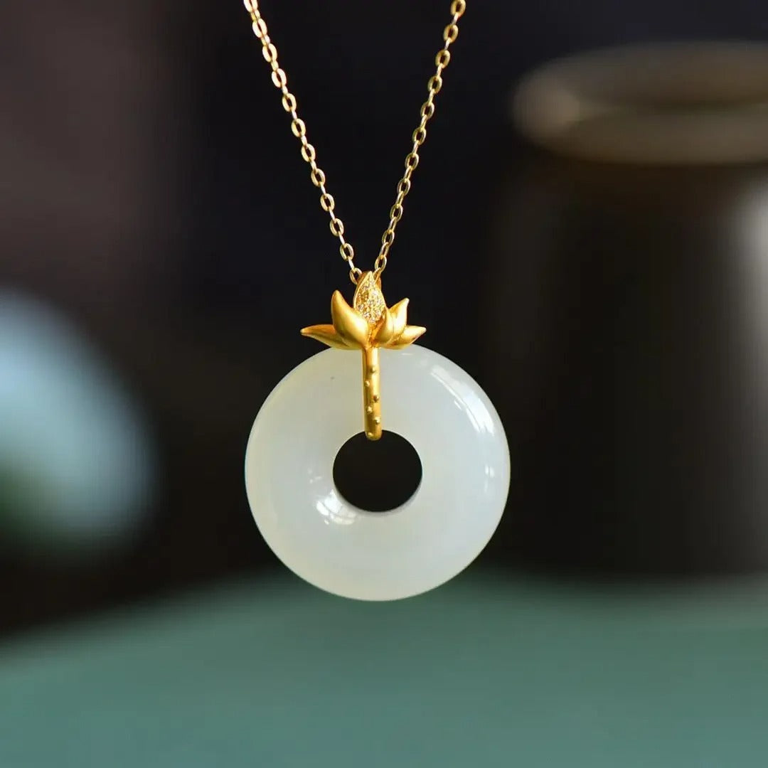 Vintage Gold Lotus & White Circle Pendant Necklace-Ariette Jewelry