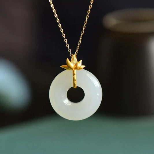 Vintage Gold Lotus & White Circle Pendant Necklace-Ariette Jewelry