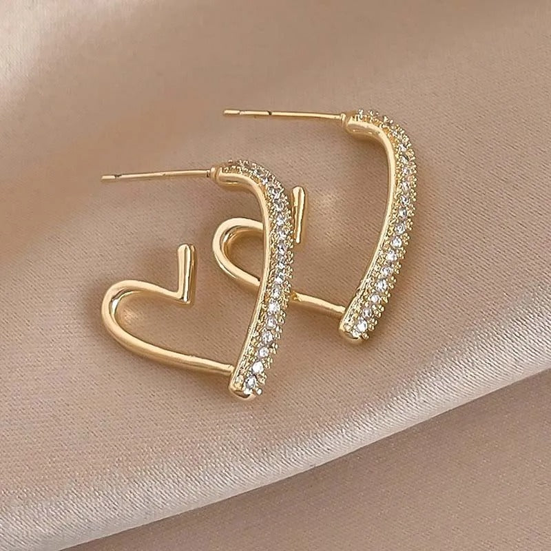 Gold Crystal Pave Heart Hoop Earrings-Ariette Jewelry