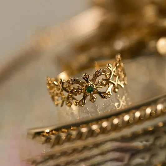 Timeless Gold Snowflake Green Gemstone Adjustable Ring-Ariette Jewelry