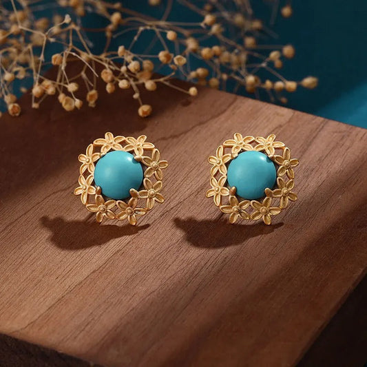 Retro Gold Round Turquoise Gemstone & Flower Accent Earrings-Ariette Jewelry