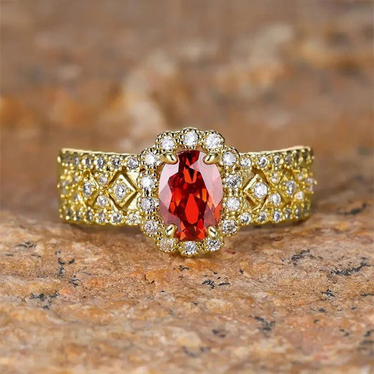 Vintage Gold Oval Red Gemstone Halo Ring-Ariette Jewelry