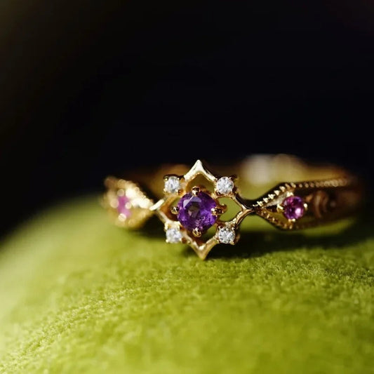 Vintage Gold & Amethyst Purple Crystal Geometric Adjustable Ring-Ariette Jewelry