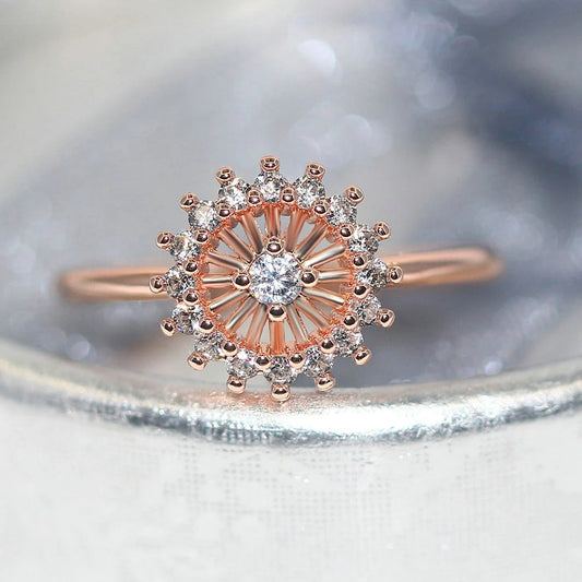Classic Rose Gold Sunburst Crystal Design Ring-Ariette Jewelry