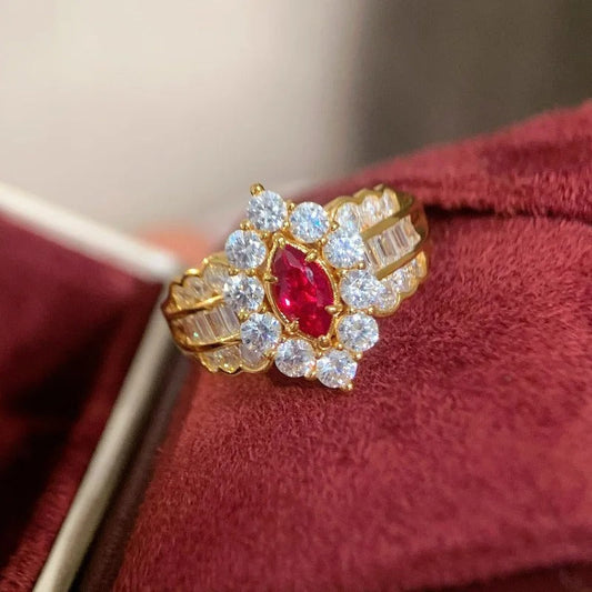 Classic Gorgeous Red & Diamond Gold Adjustable Ring-Ariette Jewelry