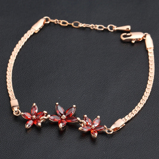 Retro Rose Gold & Three Red Crystal Flower Bracelet-Ariette Jewelry