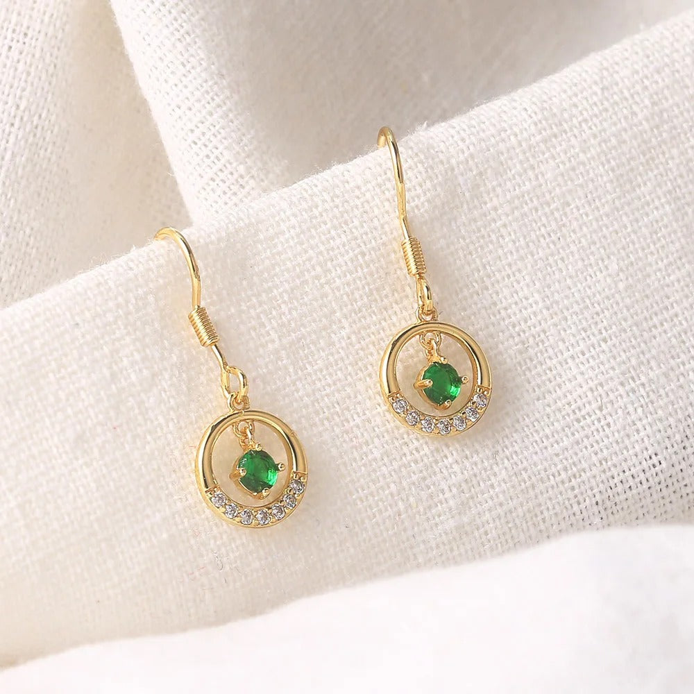 Vintage Gold Green Stone & Sparkling Halo Drop Earrings-Ariette Jewelry