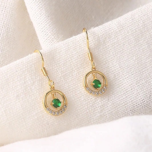 Vintage Gold Green Stone & Sparkling Halo Drop Earrings-Ariette Jewelry