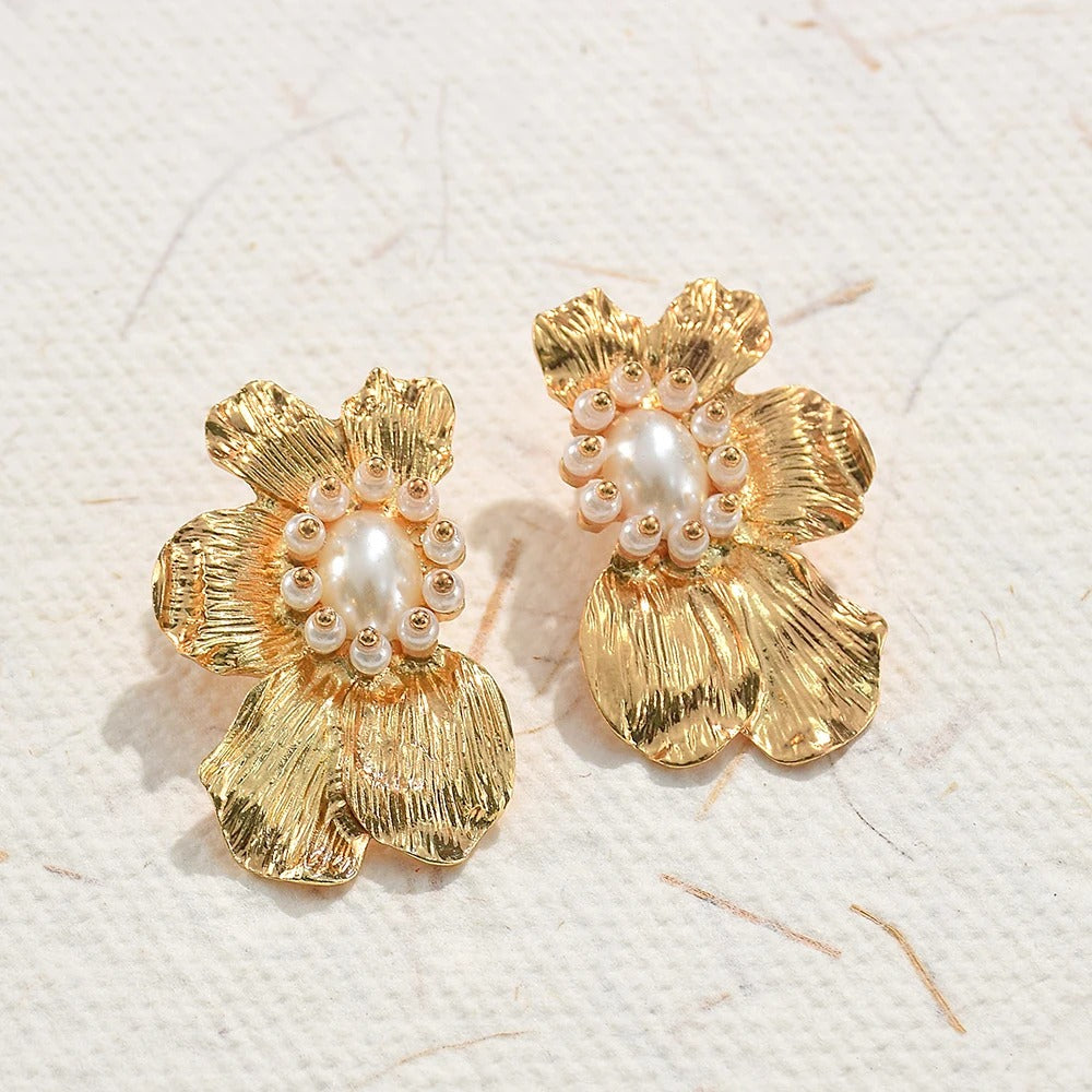 Gold Vintage Pearl Flower Stud Earrings-Ariette Jewelry