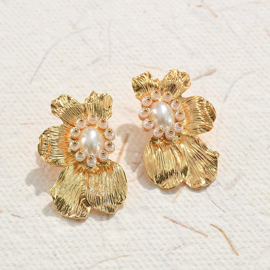 Gold Vintage Pearl Flower Stud Earrings-Ariette Jewelry