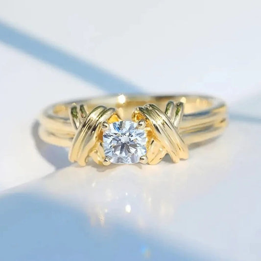 Gold X-Shaped Round Zirconia Ring-Ariette Jewelry