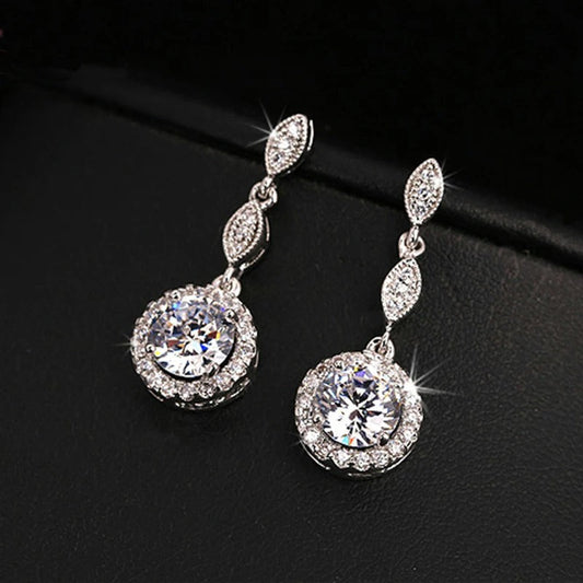 Vintage Silver Sparkling Round Crystal & Leaf Design Earrings-Ariette Jewelry
