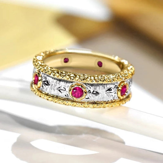 Vintage Red Gemstone Gold Silver Ring-Ariette Jewelry