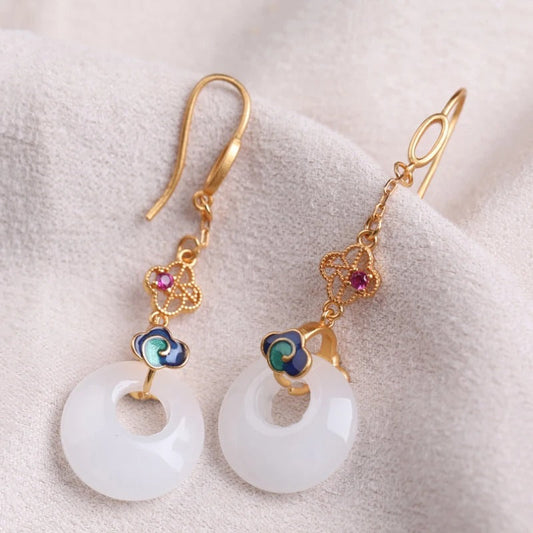 Vintage Gold White Jade Round Tassel Earrings-Ariette Jewelry