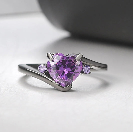 Silver Heart-Shaped Purple Gemstone Ring-Ariette Jewelry