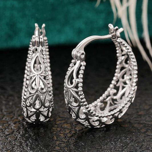 Vintage Silver Filigree Hoop Earrings-Ariette Jewelry