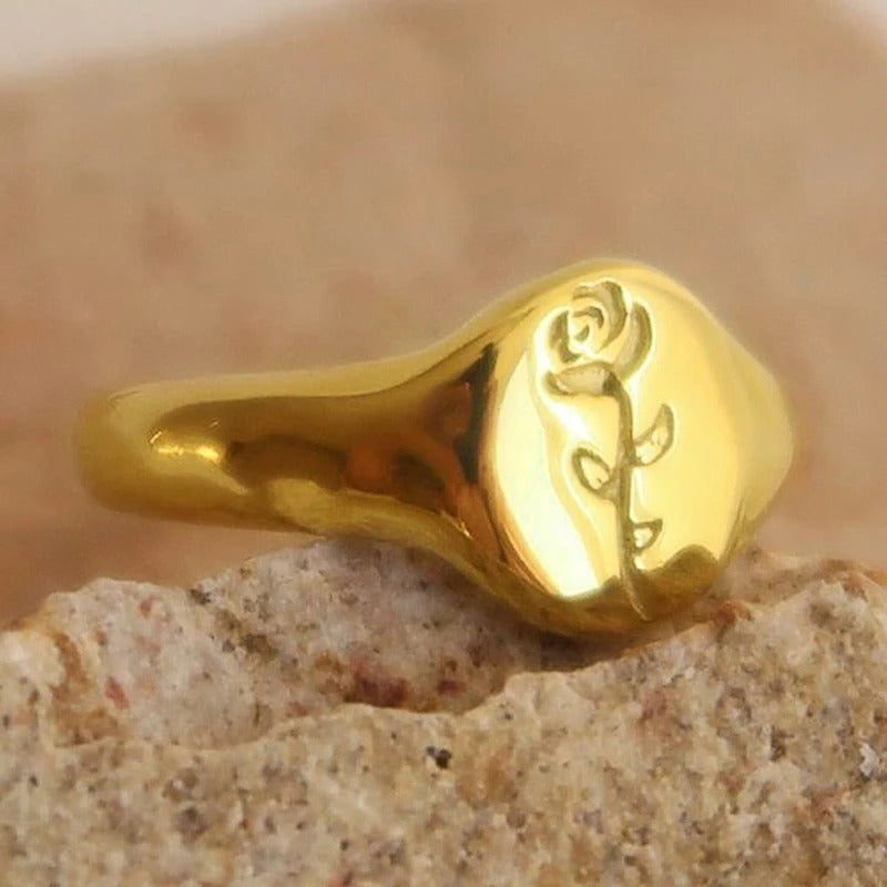 Gold Rose Engraved Ring-Ariette Jewelry