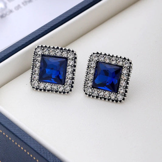 Silver Blue Crystal Square Earrings-Ariette Jewelry