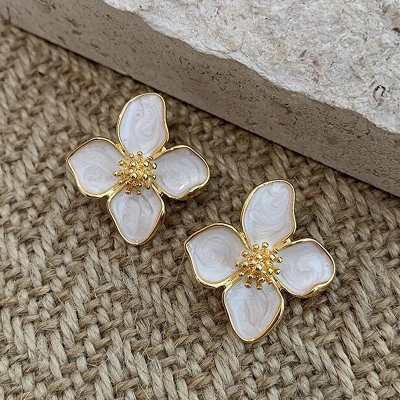 Vintage Gold White Blossom Earrings-Ariette Jewelry