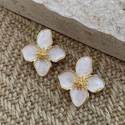 Vintage Gold White Blossom Earrings-Ariette Jewelry