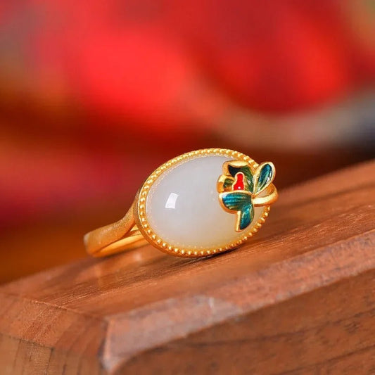 Classic Floral & Oval Gemstone Gold Adjustable Ring-Ariette Jewelry