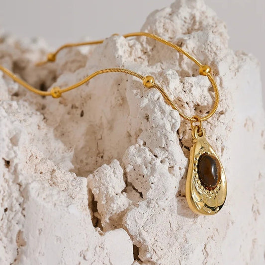 Vintage Gold Tiger Stone Pendant Necklace-Ariette Jewelry