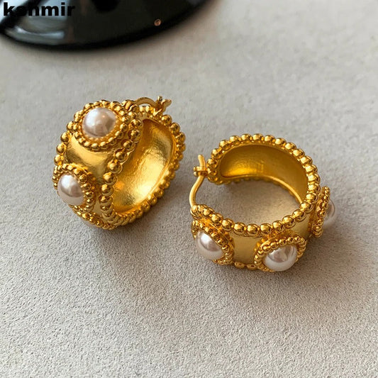 Gold Hoop Pearl Beaded Vintage Earrings-Ariette Jewelry