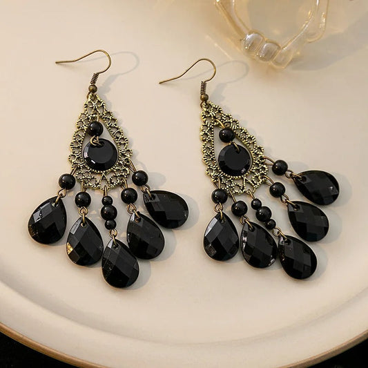 Peacock Feather Shape Black Tassel Dangle Earrings-Ariette Jewelry